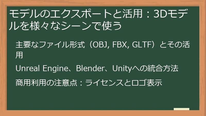 モデルのエクスポートと活用：3Dモデルを様々なシーンで使う