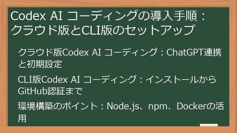 Codex AI コーディングの導入手順：クラウド版とCLI版のセットアップ