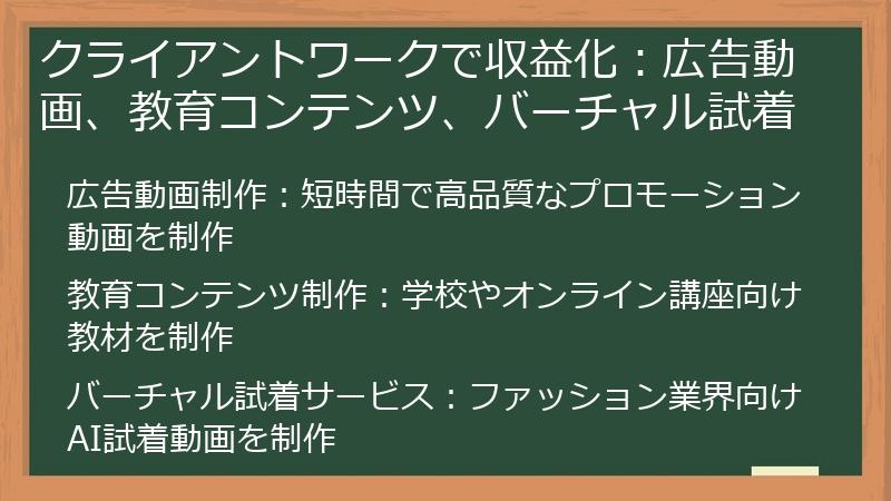 クライアントワークで収益化:広告動画、教育コンテンツ、バーチャル試着