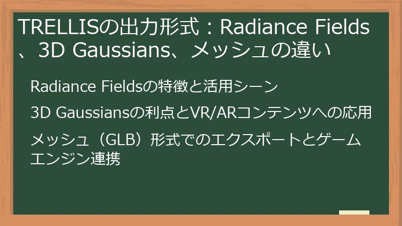 TRELLISの出力形式：Radiance Fields、3D Gaussians、メッシュの違い
