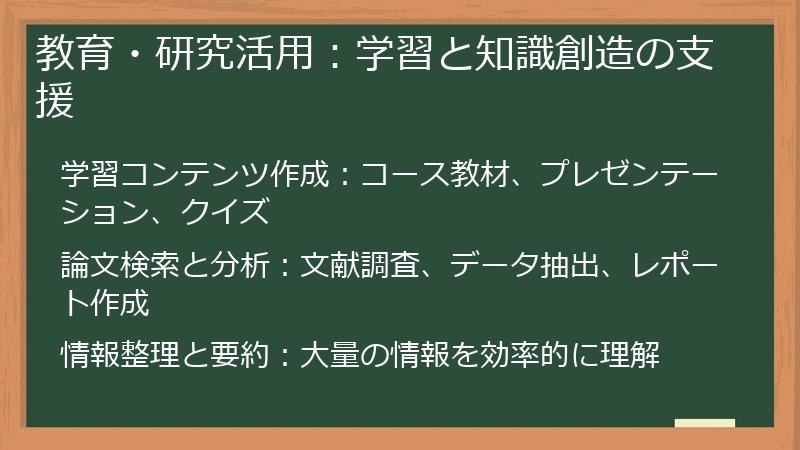 教育・研究活用：学習と知識創造の支援
