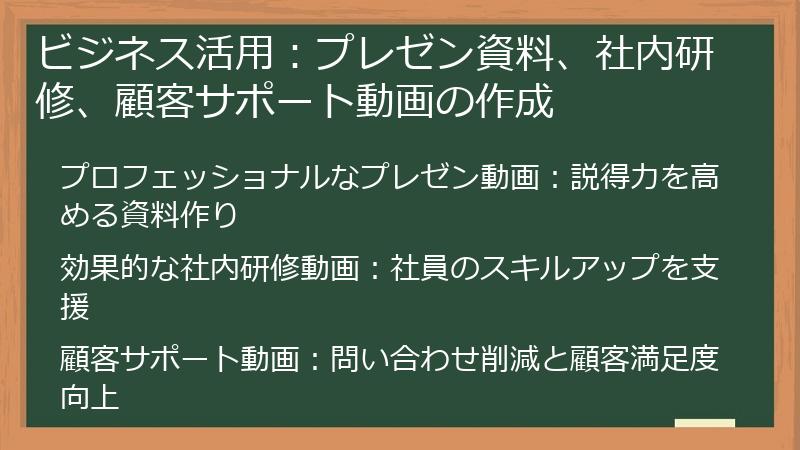 ビジネス活用:プレゼン資料、社内研修、顧客サポート動画の作成