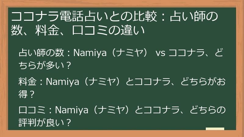 ココナラ電話占いとの比較：占い師の数、料金、口コミの違い