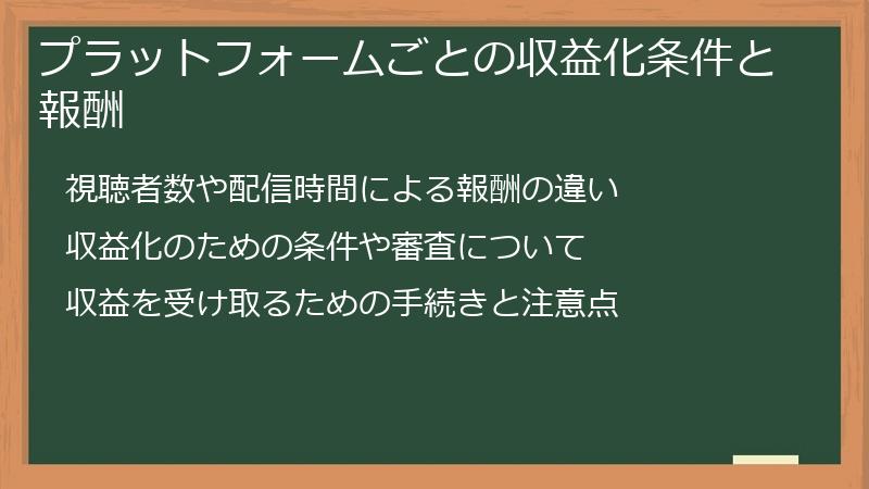 プラットフォームごとの収益化条件と報酬