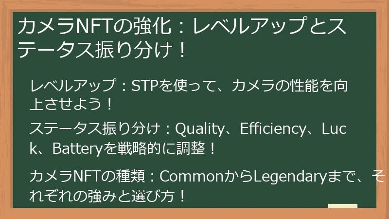 カメラNFTの強化：レベルアップとステータス振り分け！