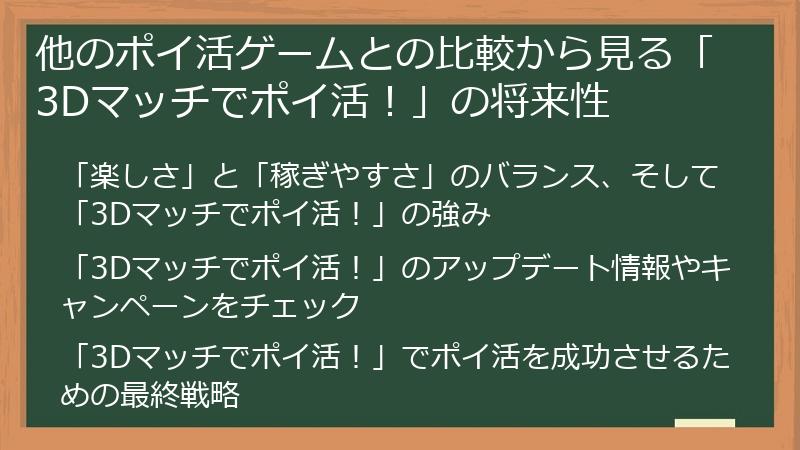 他のポイ活ゲームとの比較から見る「3Dマッチでポイ活!」の将来性