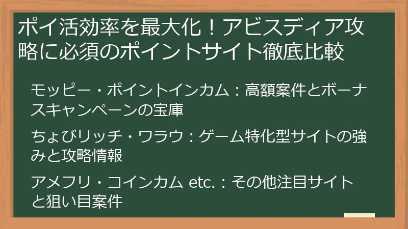 ポイ活効率を最大化！アビスディア攻略に必須のポイントサイト徹底比較