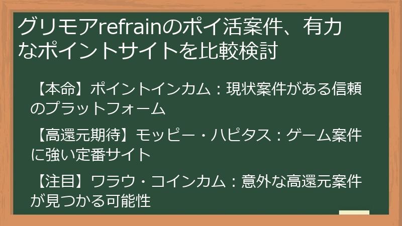 グリモアrefrainのポイ活案件、有力なポイントサイトを比較検討
