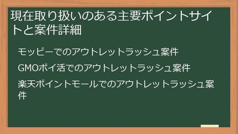 現在取り扱いのある主要ポイントサイトと案件詳細
