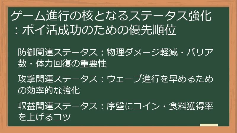 ゲーム進行の核となるステータス強化：ポイ活成功のための優先順位