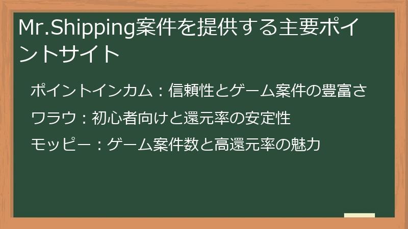 Mr.Shipping案件を提供する主要ポイントサイト