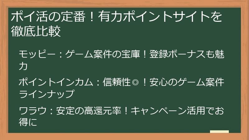 ポイ活の定番！有力ポイントサイトを徹底比較