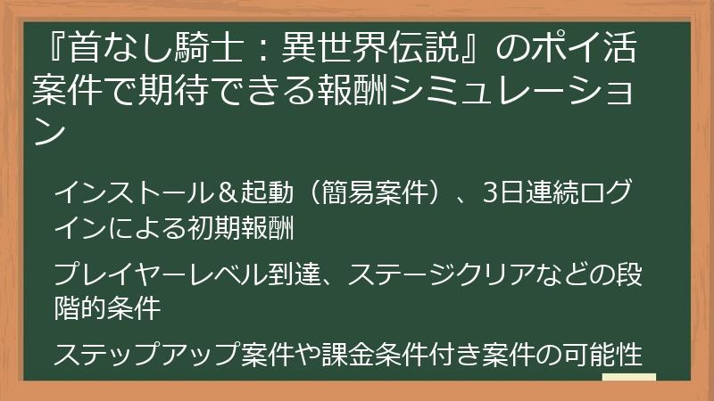 『首なし騎士：異世界伝説』のポイ活案件で期待できる報酬シミュレーション