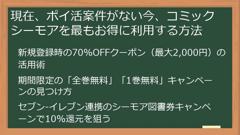 現在、ポイ活案件がない今、コミックシーモアを最もお得に利用する方法