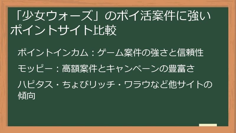 「少女ウォーズ」のポイ活案件に強いポイントサイト比較