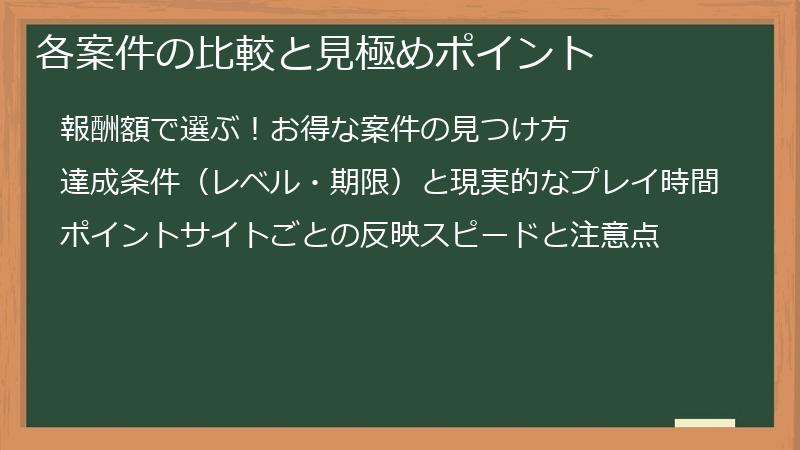 各案件の比較と見極めポイント