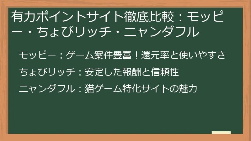 有力ポイントサイト徹底比較：モッピー・ちょびリッチ・ニャンダフル