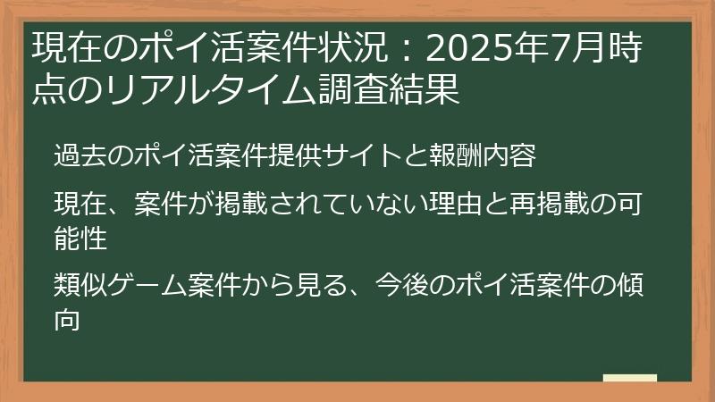 現在のポイ活案件状況：2025年7月時点のリアルタイム調査結果