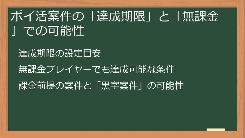 ポイ活案件の「達成期限」と「無課金」での可能性