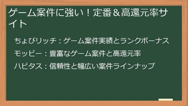 ゲーム案件に強い！定番＆高還元率サイト