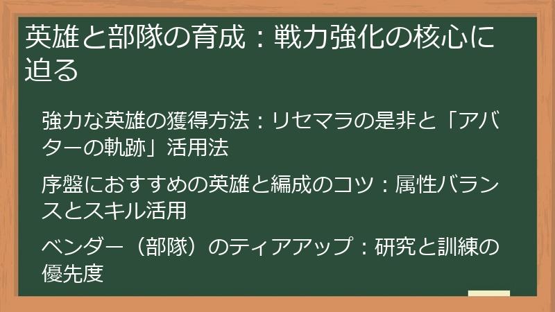 英雄と部隊の育成：戦力強化の核心に迫る