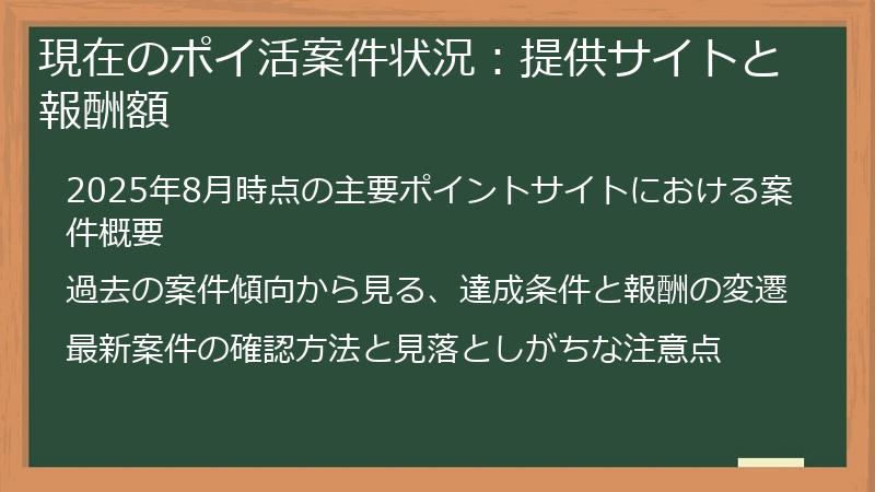 現在のポイ活案件状況：提供サイトと報酬額