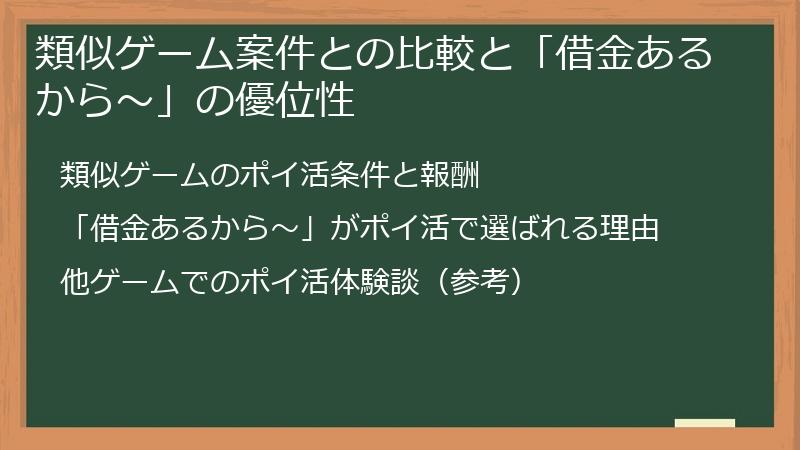 類似ゲーム案件との比較と「借金あるから～」の優位性