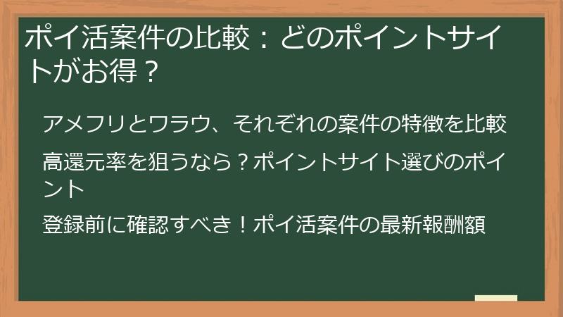 ポイ活案件の比較：どのポイントサイトがお得？
