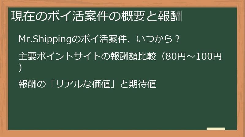 現在のポイ活案件の概要と報酬