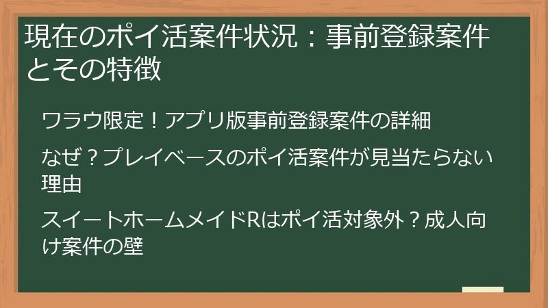 現在のポイ活案件状況：事前登録案件とその特徴