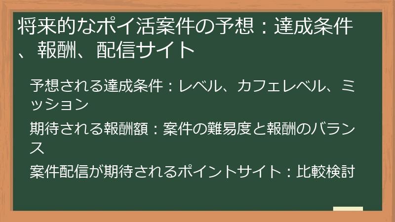 将来的なポイ活案件の予想：達成条件、報酬、配信サイト
