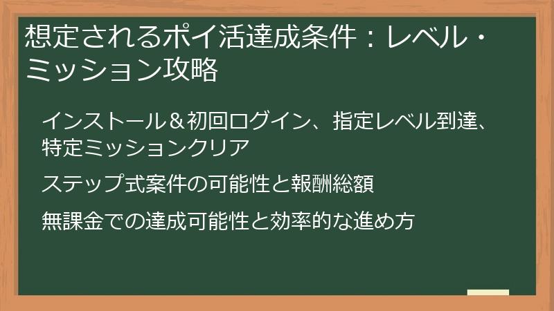 想定されるポイ活達成条件：レベル・ミッション攻略