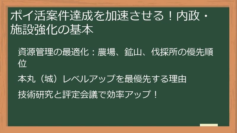 ポイ活案件達成を加速させる！内政・施設強化の基本