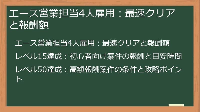 エース営業担当4人雇用：最速クリアと報酬額