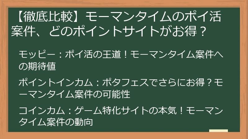 【徹底比較】モーマンタイムのポイ活案件、どのポイントサイトがお得？