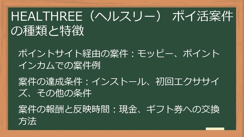 HEALTHREE（ヘルスリー） ポイ活案件の種類と特徴