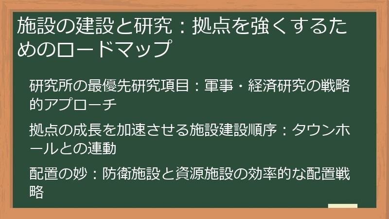 施設の建設と研究：拠点を強くするためのロードマップ
