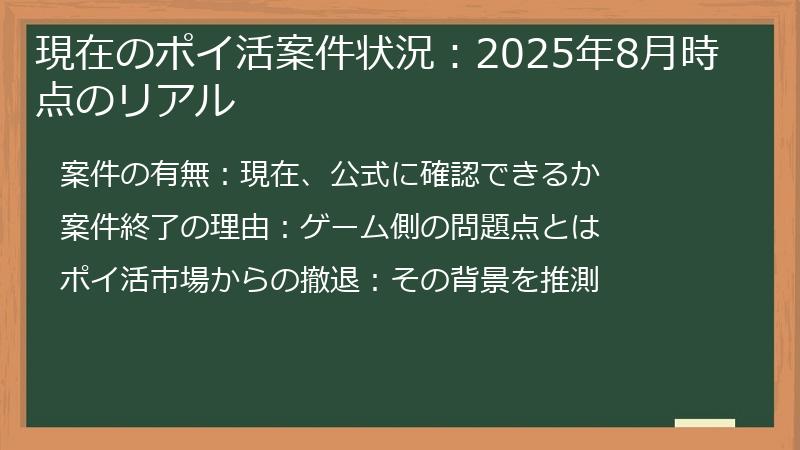 現在のポイ活案件状況：2025年8月時点のリアル