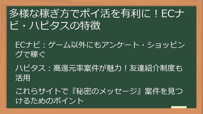 多様な稼ぎ方でポイ活を有利に！ECナビ・ハピタスの特徴