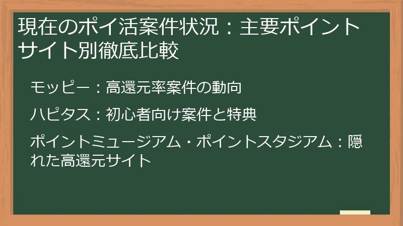 現在のポイ活案件状況：主要ポイントサイト別徹底比較
