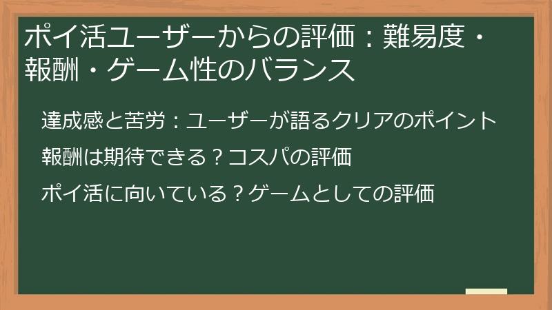 ポイ活ユーザーからの評価：難易度・報酬・ゲーム性のバランス