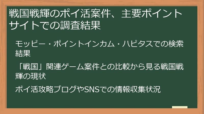 戦国戦輝のポイ活案件、主要ポイントサイトでの調査結果