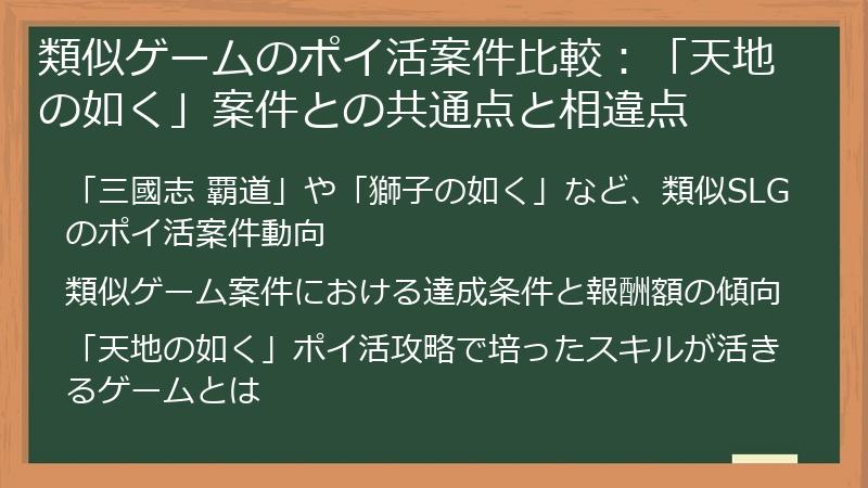 類似ゲームのポイ活案件比較：「天地の如く」案件との共通点と相違点