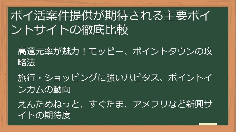 ポイ活案件提供が期待される主要ポイントサイトの徹底比較