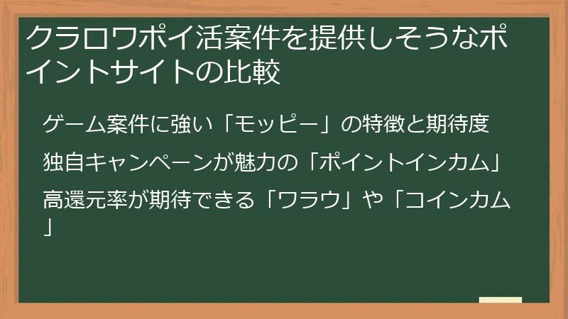 クラロワポイ活案件を提供しそうなポイントサイトの比較