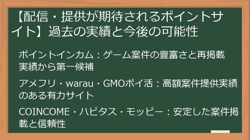 【配信・提供が期待されるポイントサイト】過去の実績と今後の可能性