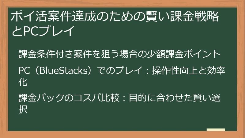 ポイ活案件達成のための賢い課金戦略とPCプレイ