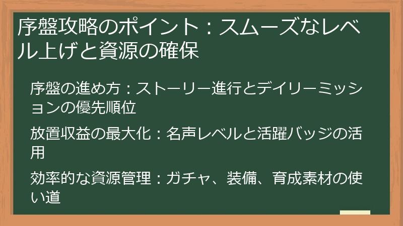 序盤攻略のポイント：スムーズなレベル上げと資源の確保