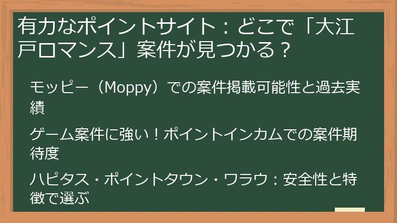 有力なポイントサイト：どこで「大江戸ロマンス」案件が見つかる？