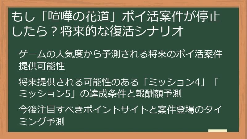 もし「喧嘩の花道」ポイ活案件が停止したら？将来的な復活シナリオ